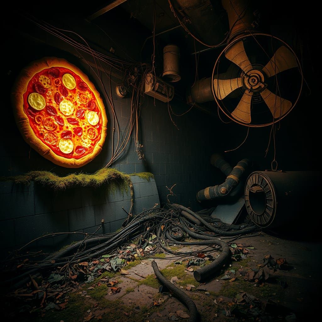 Abandoned Industrial Diner with Giant Pizza Wall Art