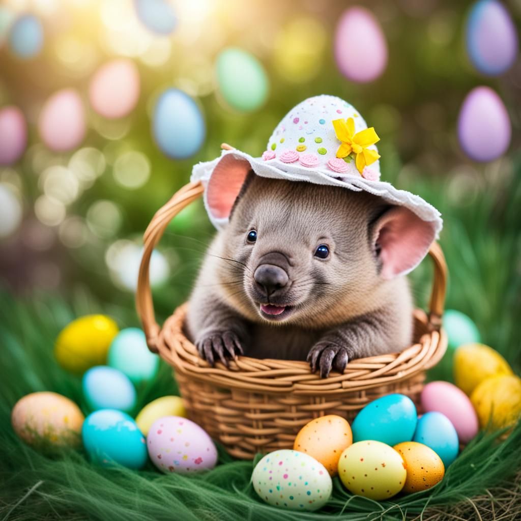 Surreal Easter Wombat in Elegant Easter Bonnet