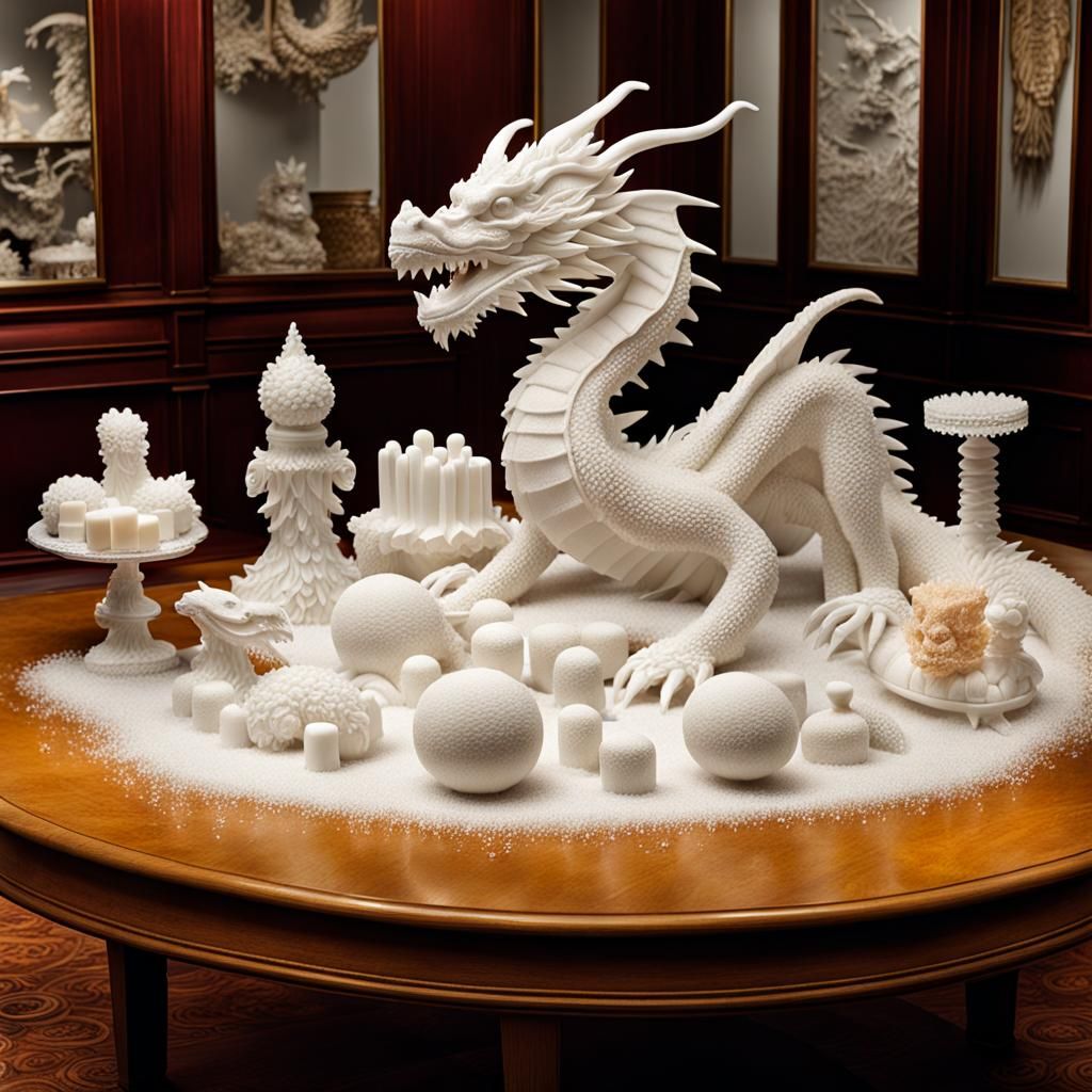 Sugar Dragon Surrounded by Miniature Confections on Elegant...