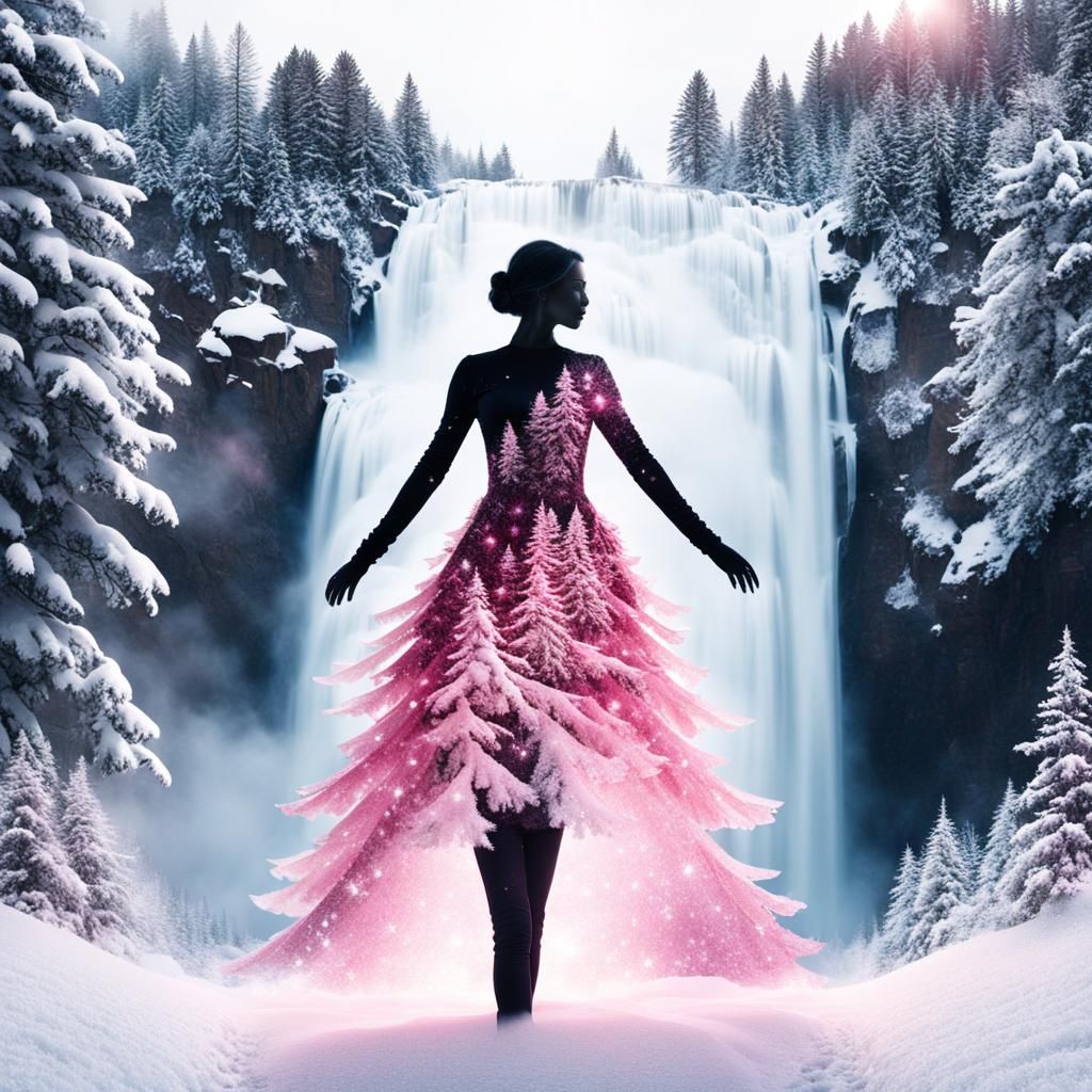 Ethereal Fusion: Woman Merges into Winter Wonderland Scene