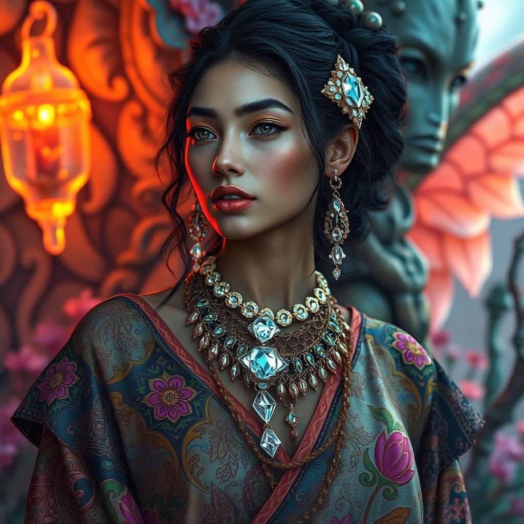 Ethereal Bohemian Goddess in Hyperrealistic Futuristic Lands...