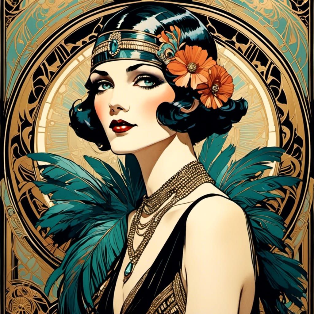 Sultry Flapper Girl with Art Deco Accents and Piercing Eyes