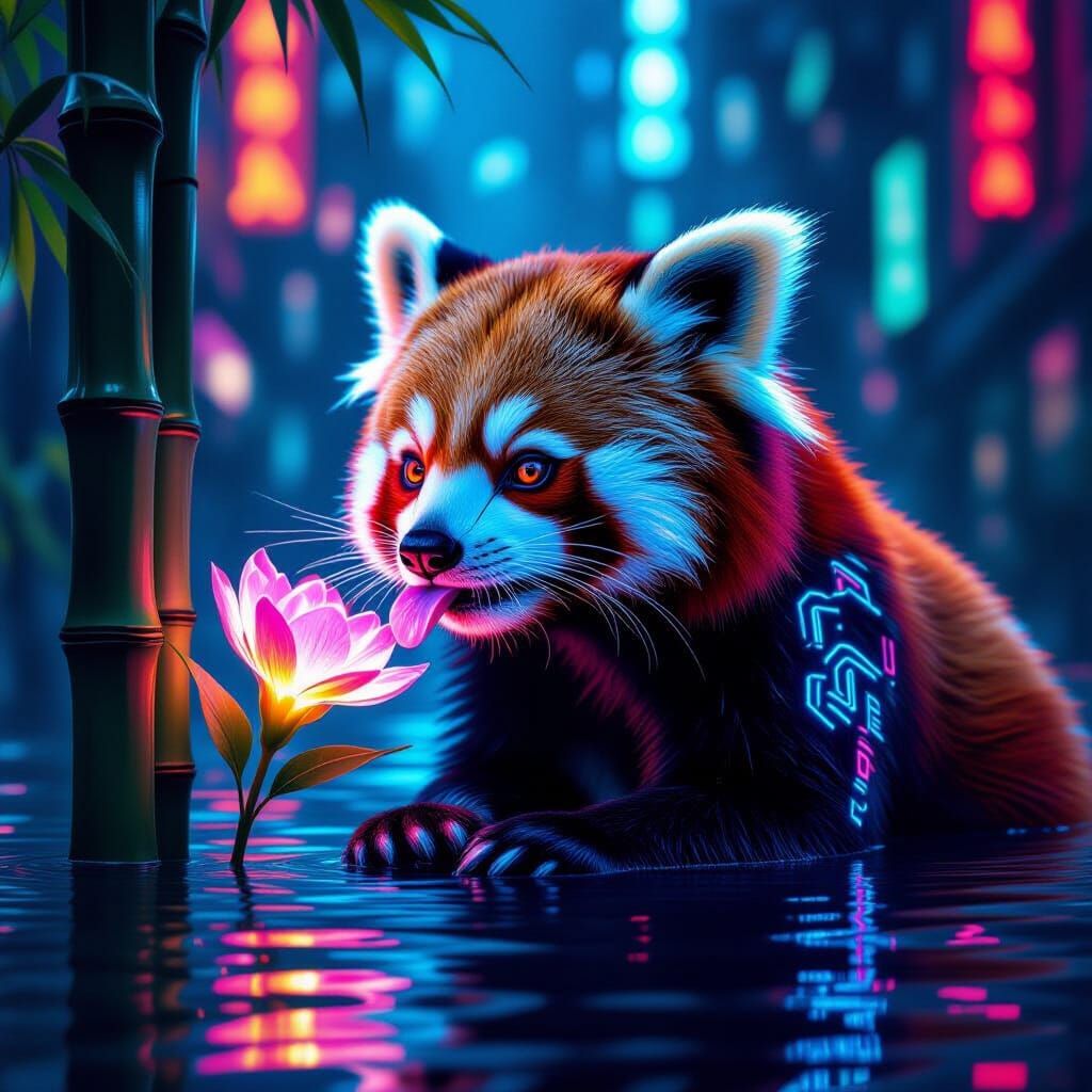 Cyberpunk Red Panda Licking Bioluminescent Flower in Water