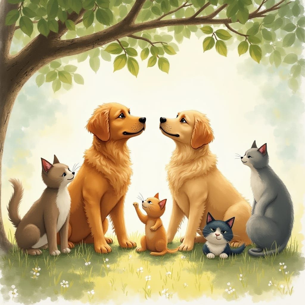 Golden Retrievers and Tabby Cats in Whimsical Illustration