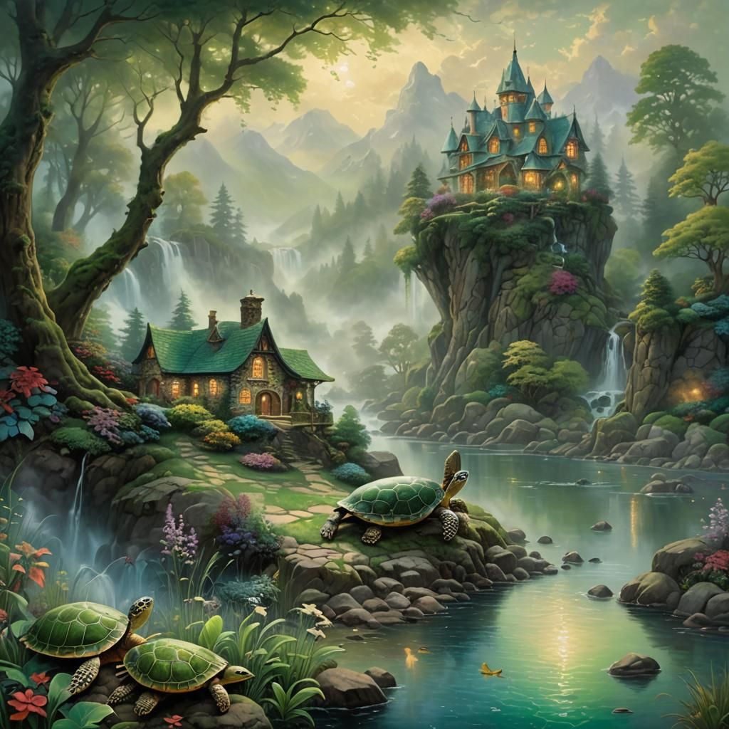 Mystical Turtle Contemplates Enchanted Verdant Realm