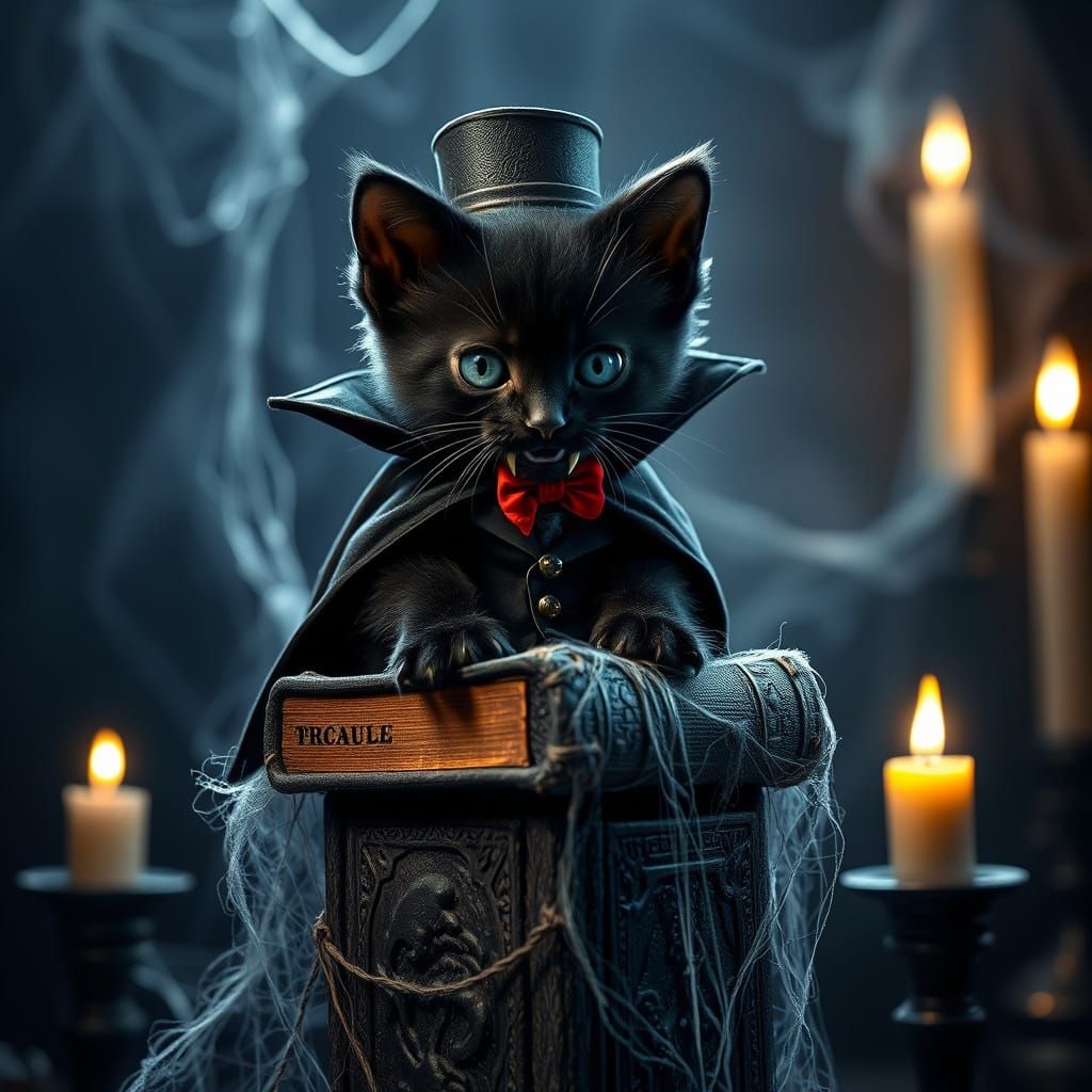 Mysterious Feline Vampire Lord Sits Upon Ancient Tome