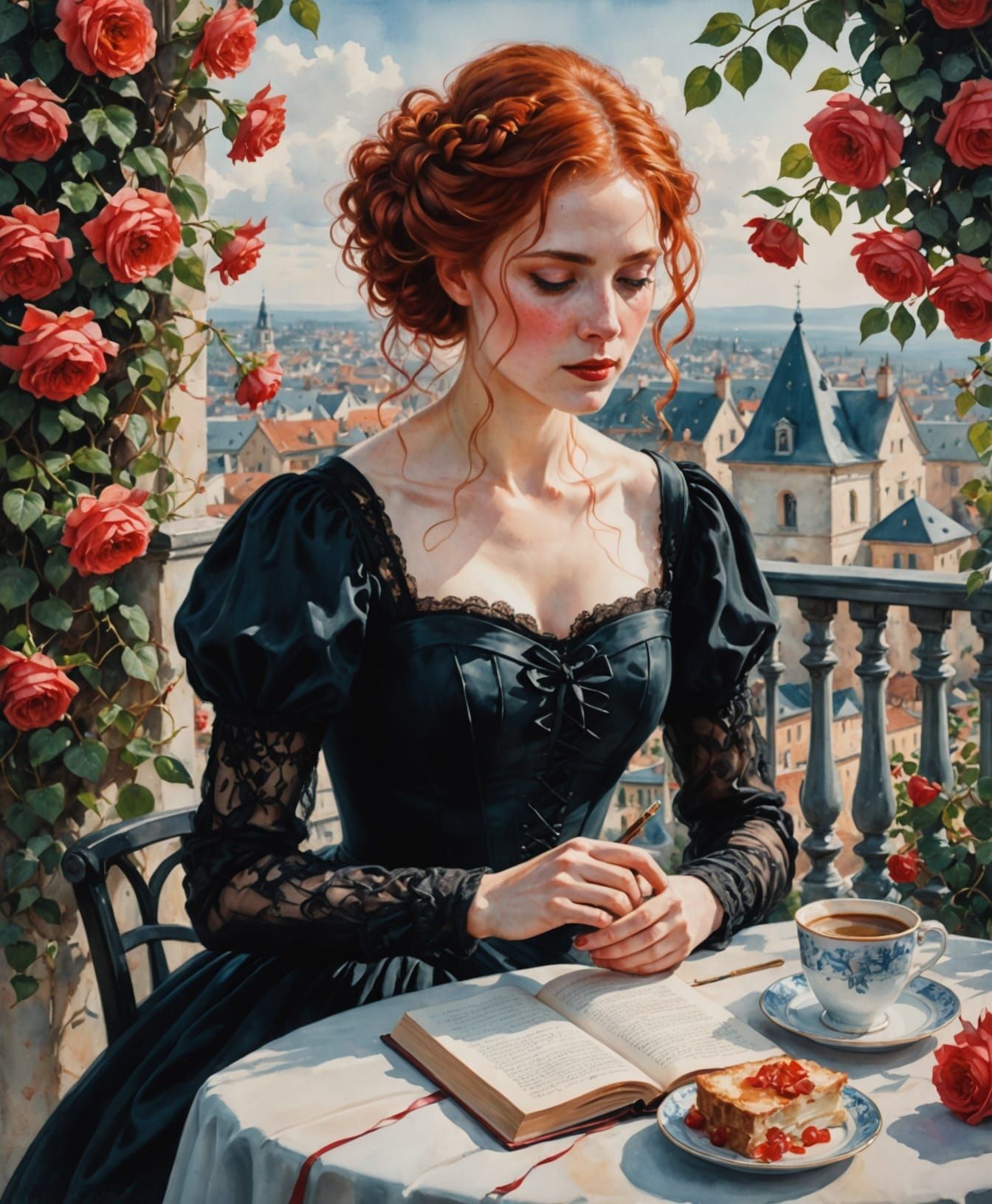 Girl on Terrace with Roses in Watercolor Sfumato