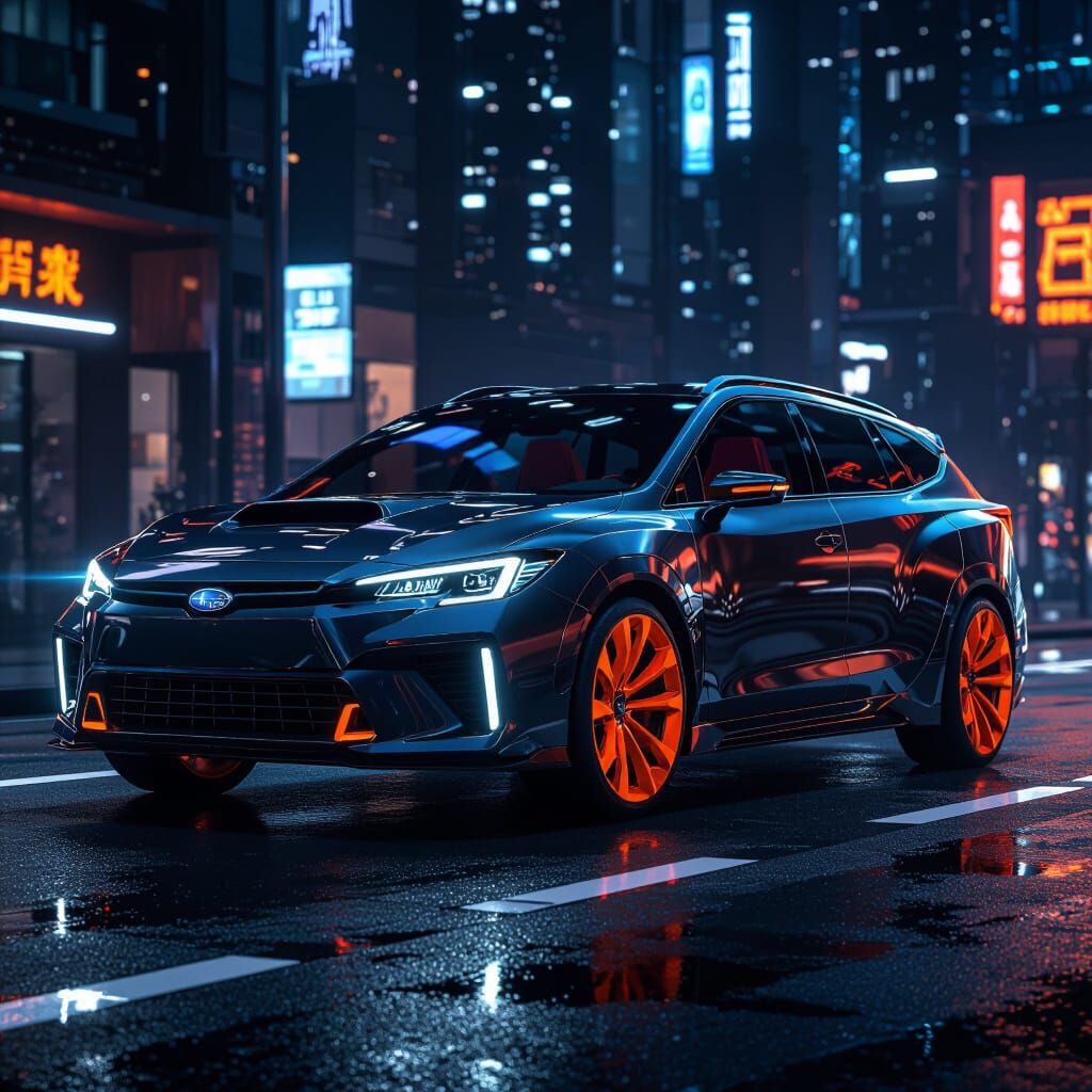 Futuristic Subaru Station Wagon in Cyberpunk Cityscape