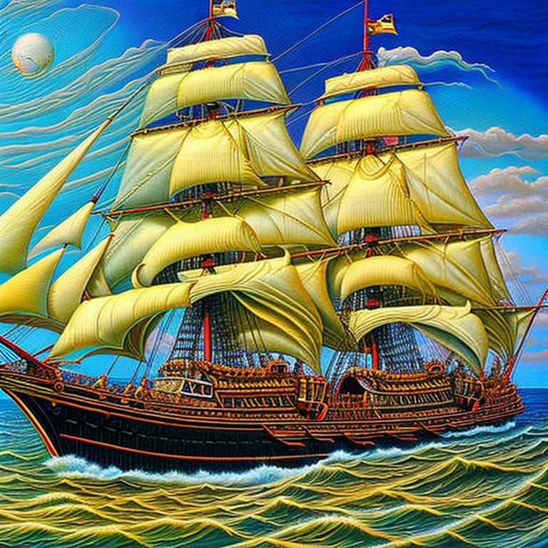 Mystical Tall Ship on the Ocean: Oil Painting
