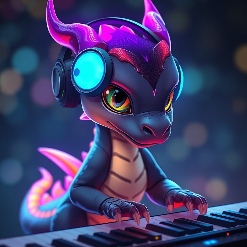 Luminous Dragon Listens with Cyberpunk Headphones