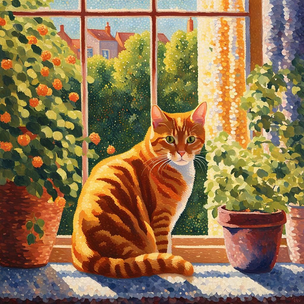 Pointillist Masterpiece of a Ginger Cat in a Serene Garden