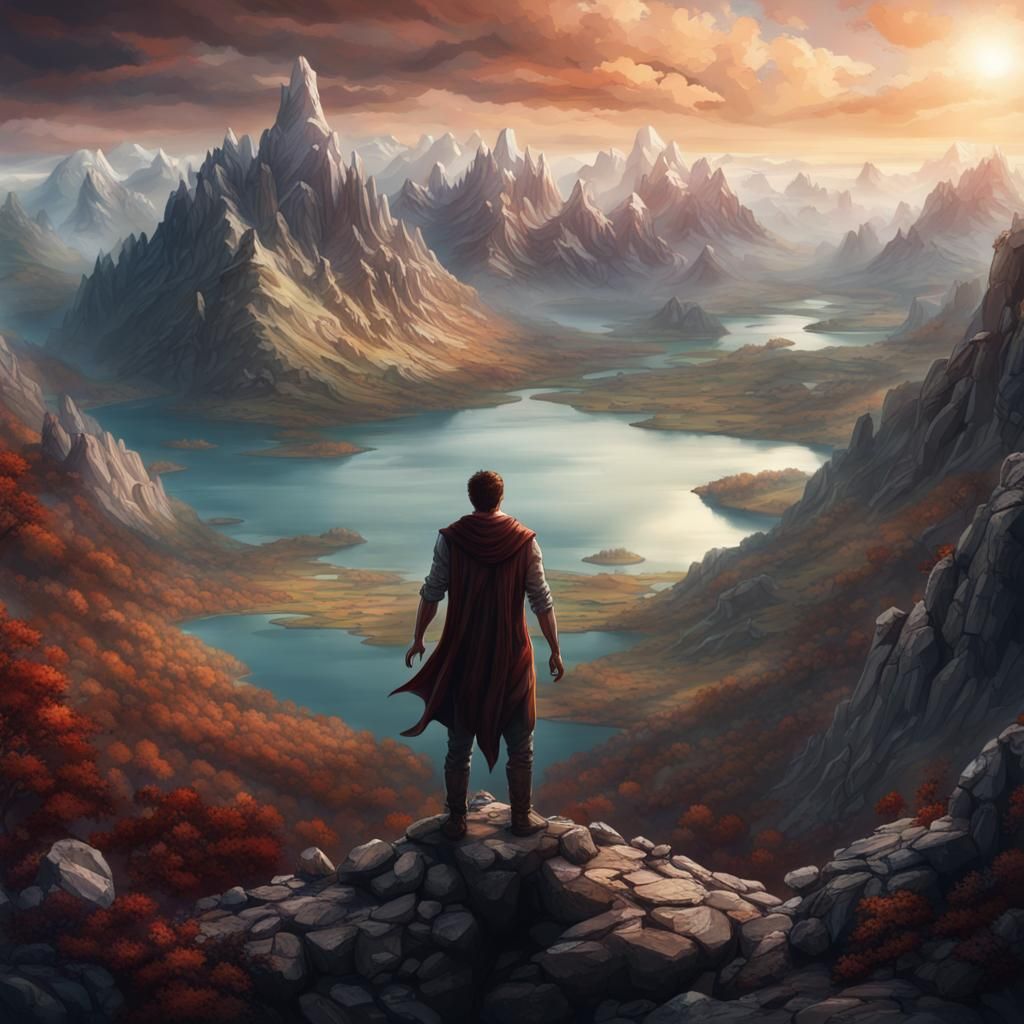 Victorious Summit in Fantastical Landscape