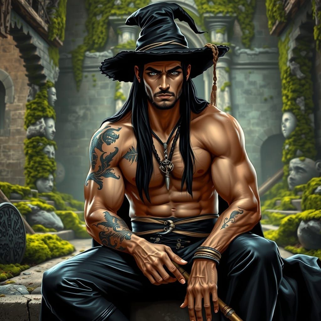 Tall Male Witch in Ruined Temple, Fantasy Art