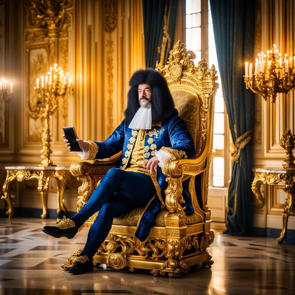 The Sun King Plays with a Smartphone in Opulent Splendor