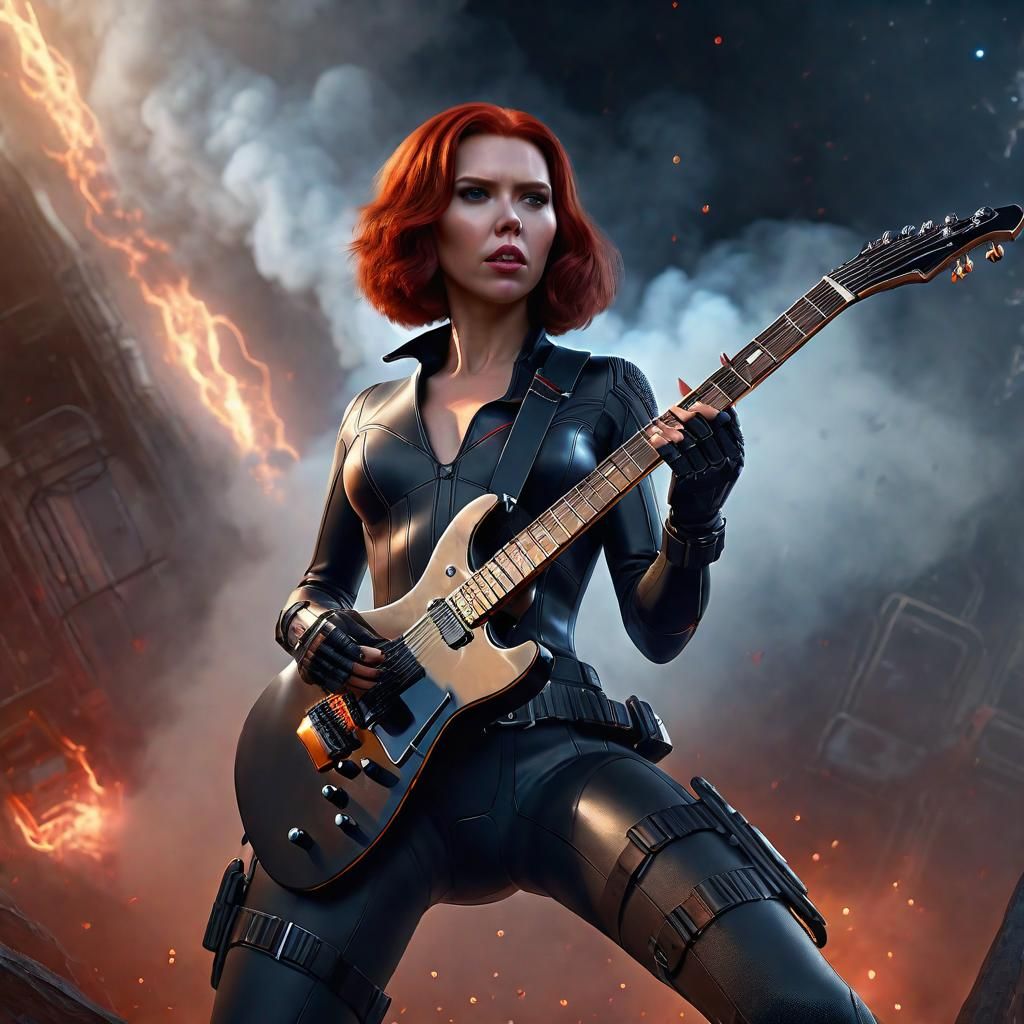 Ethereal Black Widow Shreds Guitar in Cosmic Fog