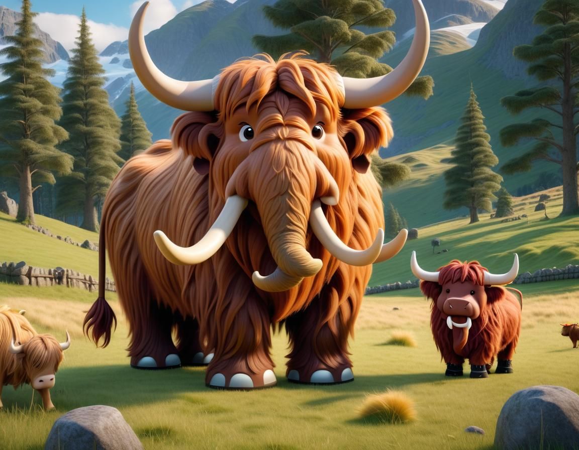 Chibi Wooly Mammoth and Highland Cow Friends in Scottish Lan...