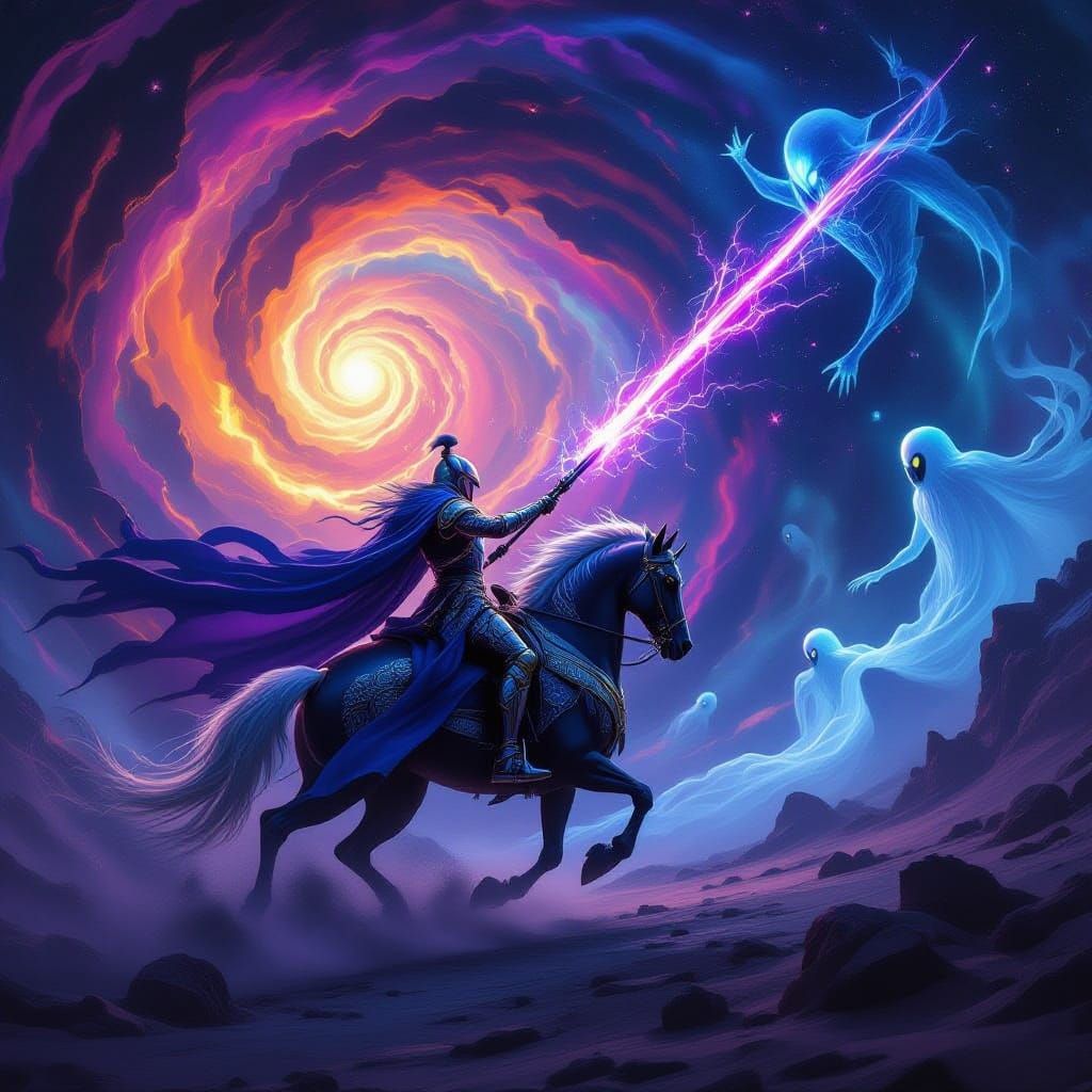 A rider in futuristic surreal paint in great battle with ali...