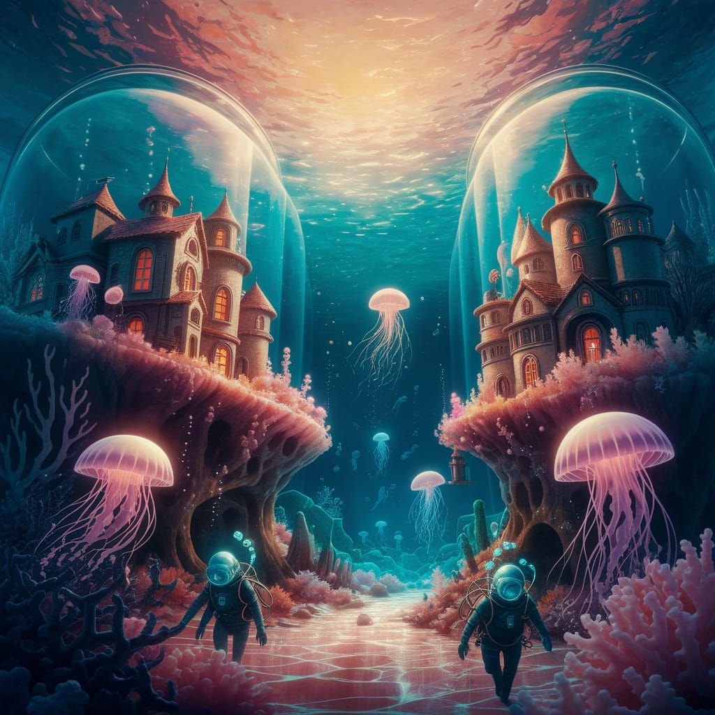 Underwater City in Glass Container: Impressionistic Gouache ...