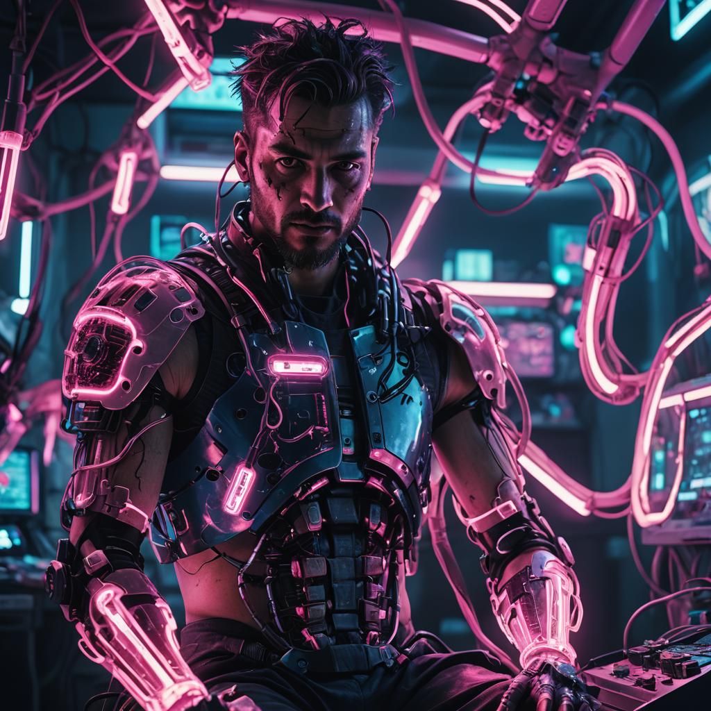 Gritty Cyberpunk Surgeon Under Neon Lights