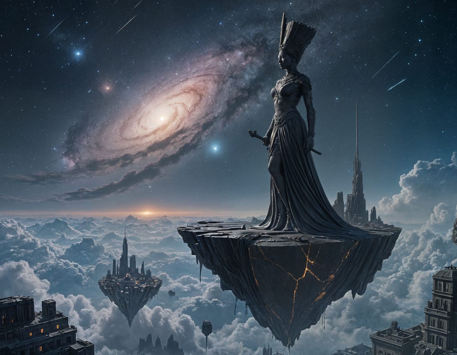 Obsidian Warrior Queen Gazes at Nebula Above Cityscape