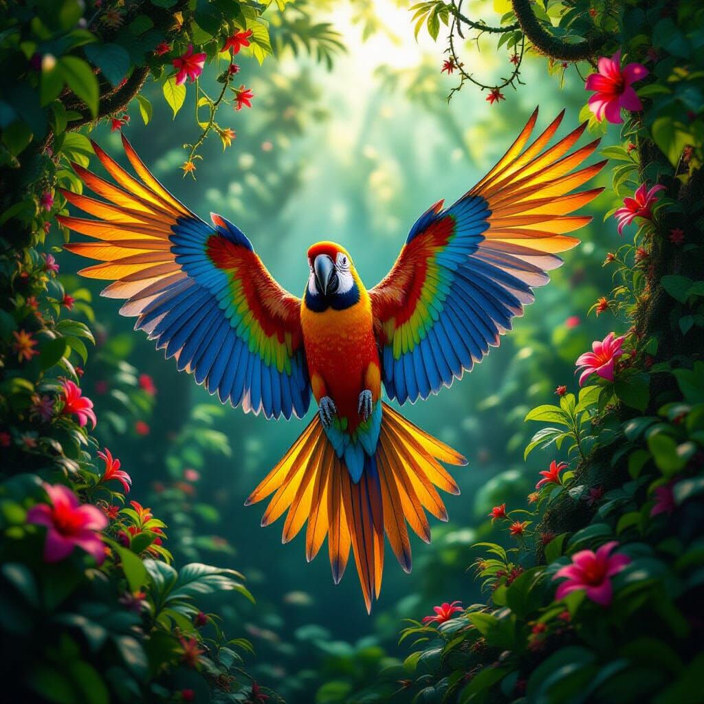 Vibrant Technicolour Parrot in Surreal Forest