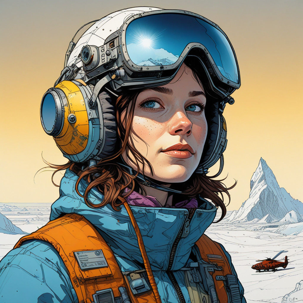 Moebius-Inspired Arctic Aerial Pilotess in Vibrant Pen and I...