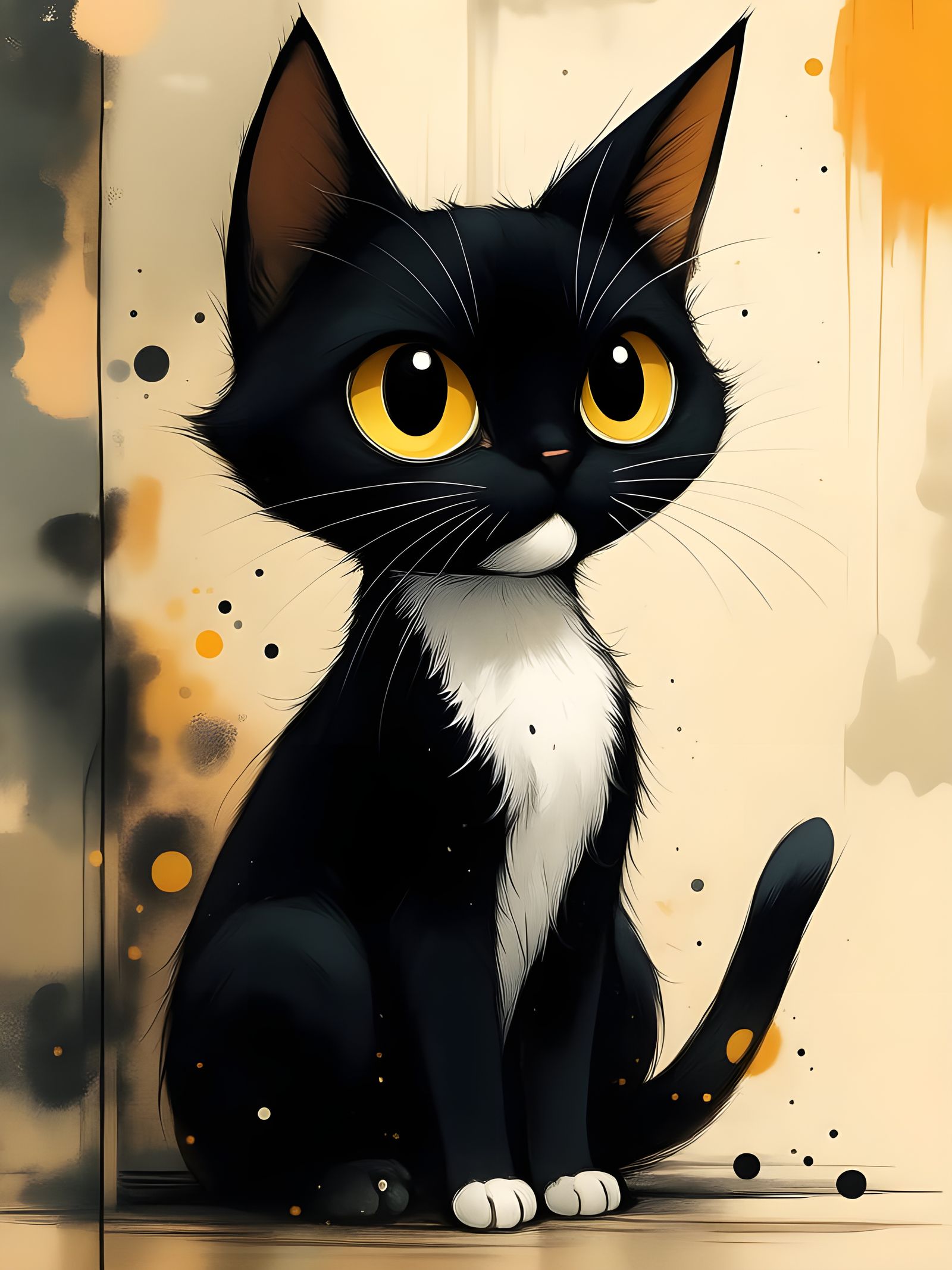 Messy Tuxedo Cat With Yellow Eyes and White Nose Stripe