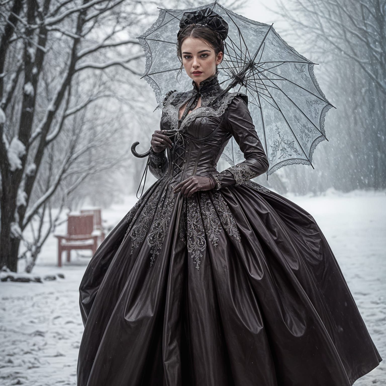 Hyperrealistic Woman in Latex Victorian Dress with Umbrella
