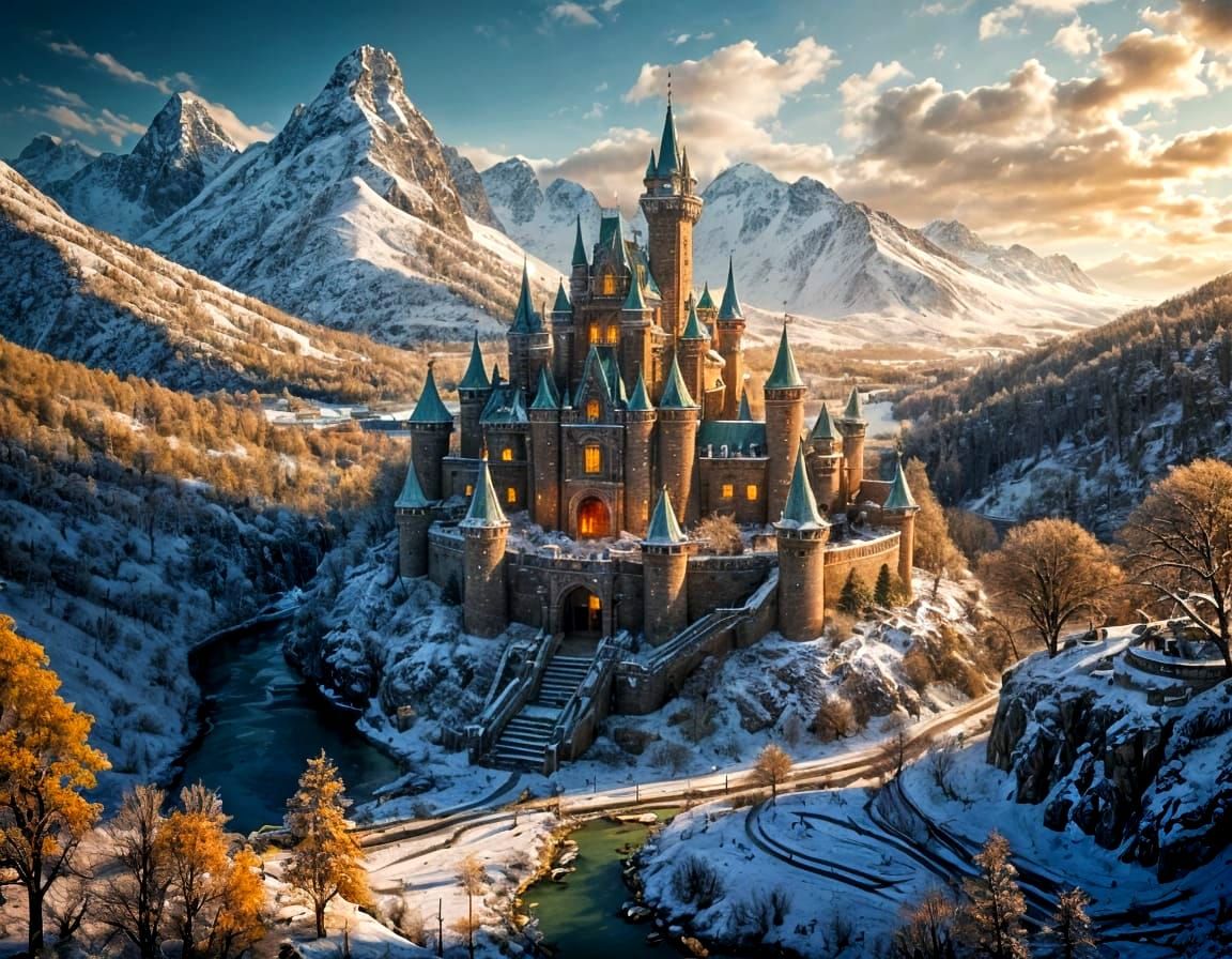 Snowy Valley Castle with Dragon Fountain and Green Landscape