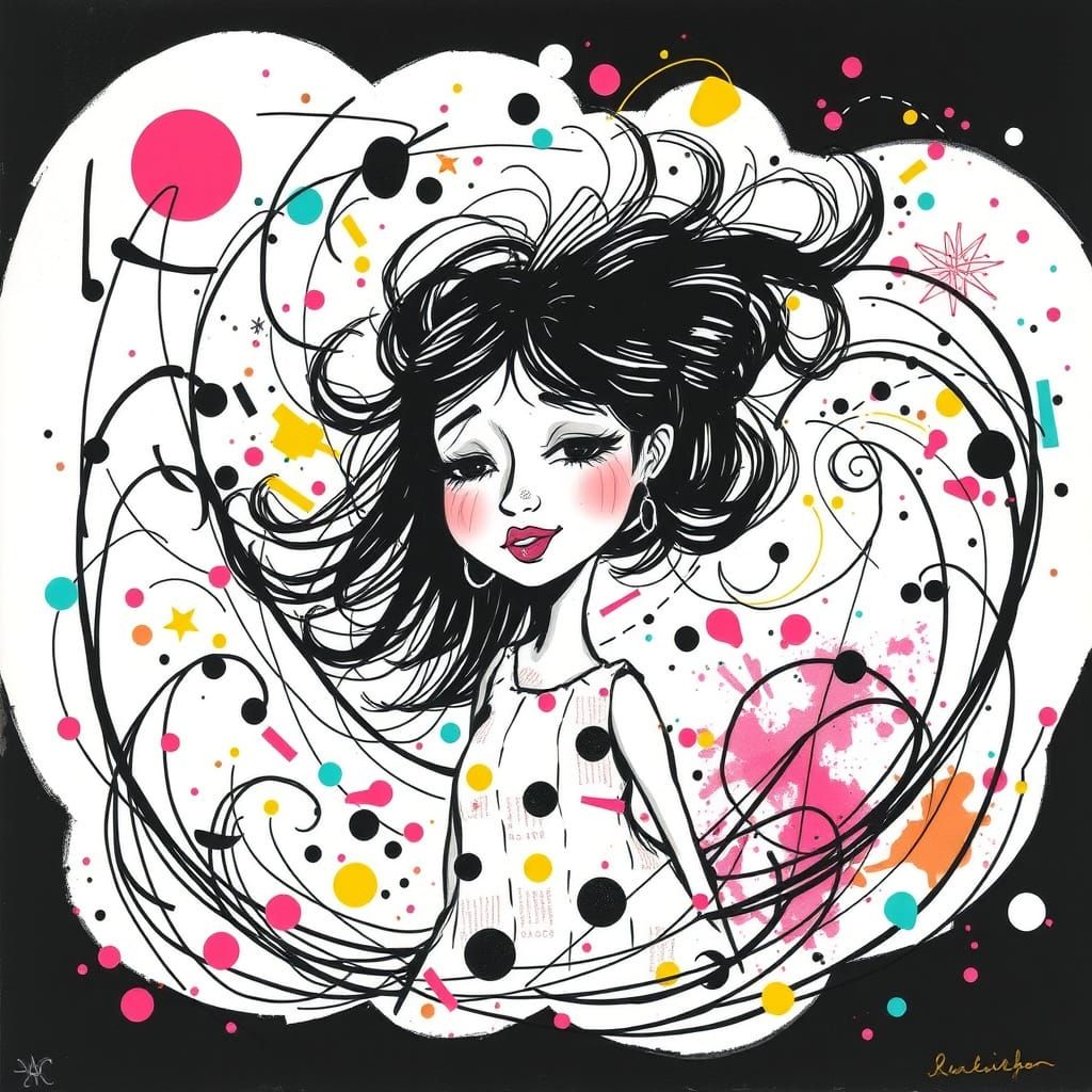 Vibrant Mixed Media Masterpiece in Black and White with Popp...