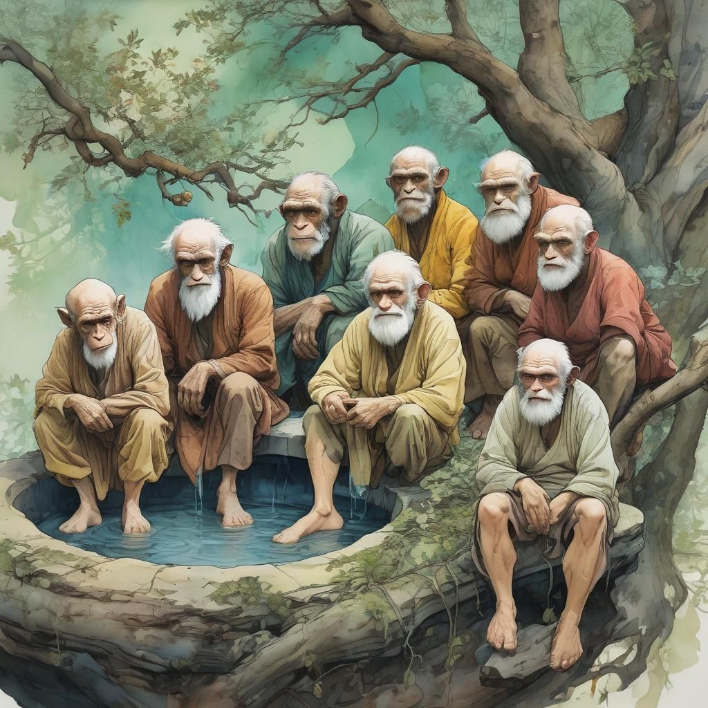 Wrinkled Philosophers Encounter a Mischievous Monkey in a Vi...