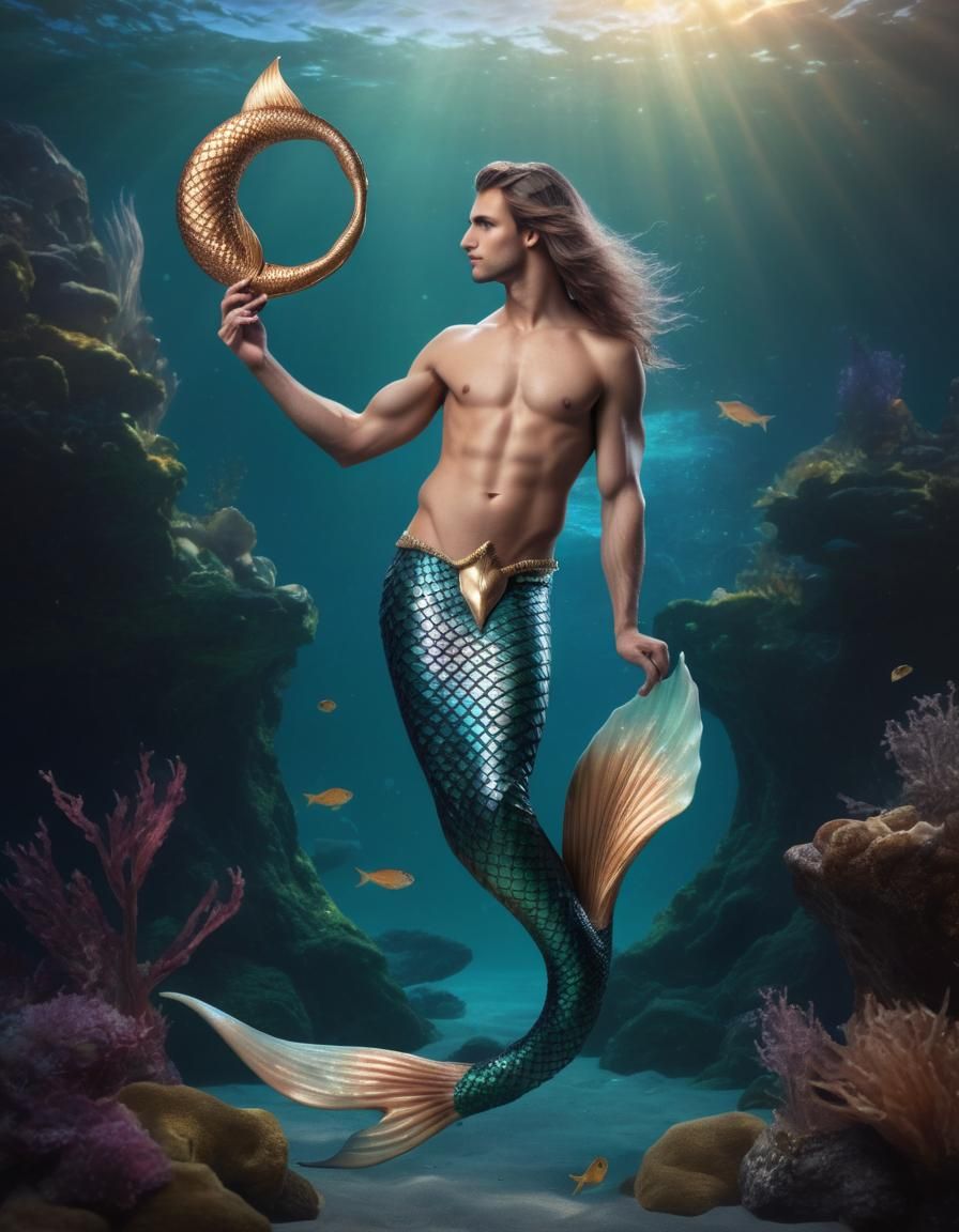 Epic Male Mermaid in Shimmering Digital Painting