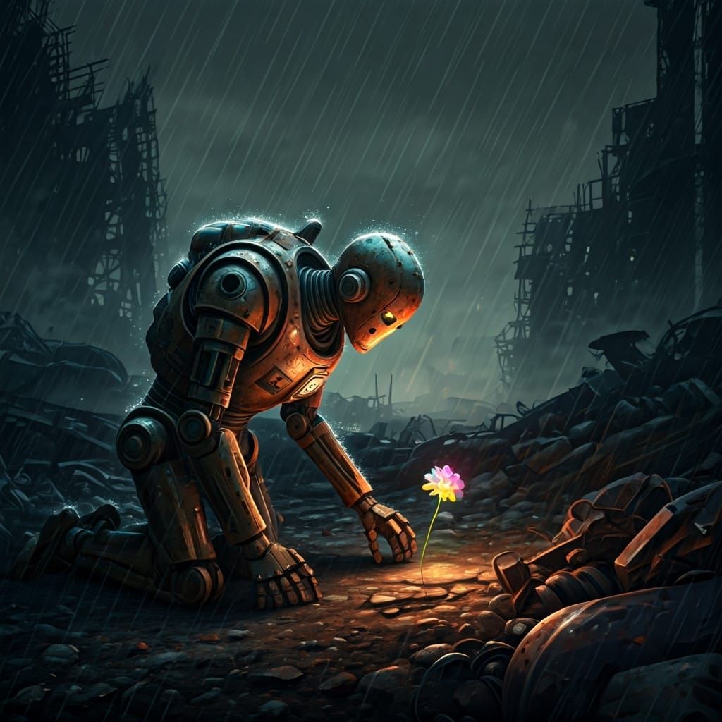 Robot Finds Beauty in Wasteland, Syd Mead Style