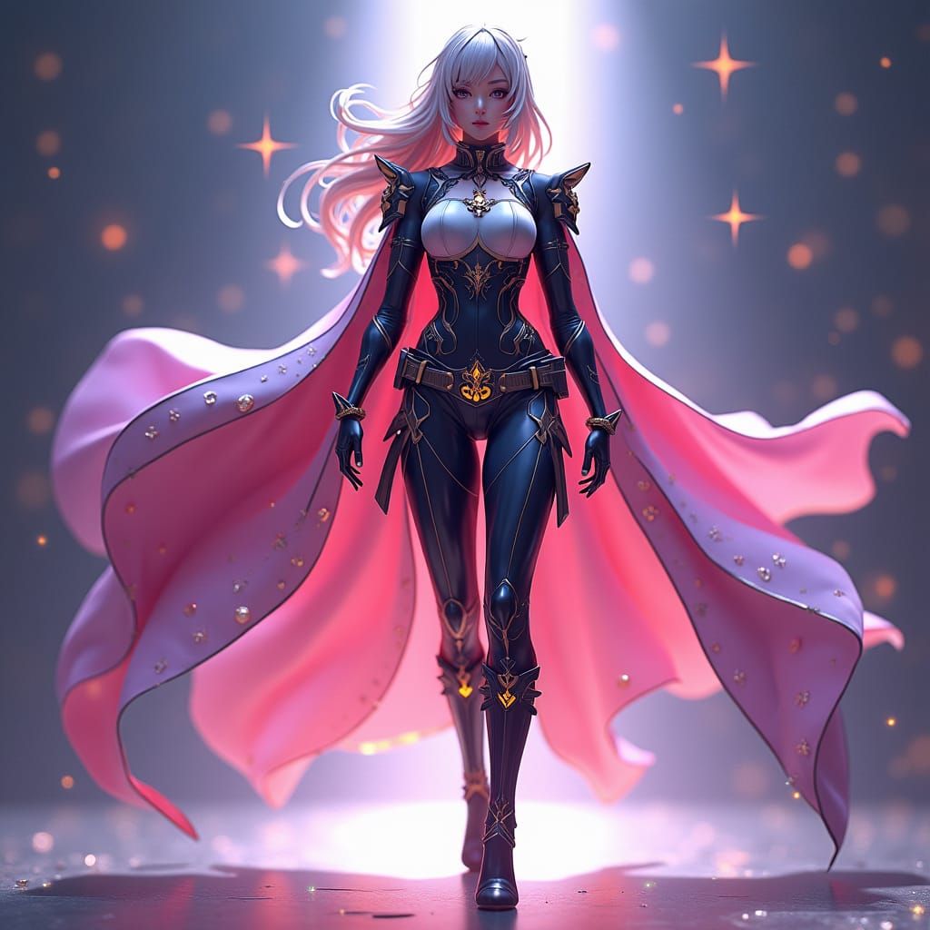 Elegant Heroine in High-Tech Bodysuit with Glowing Charms an...