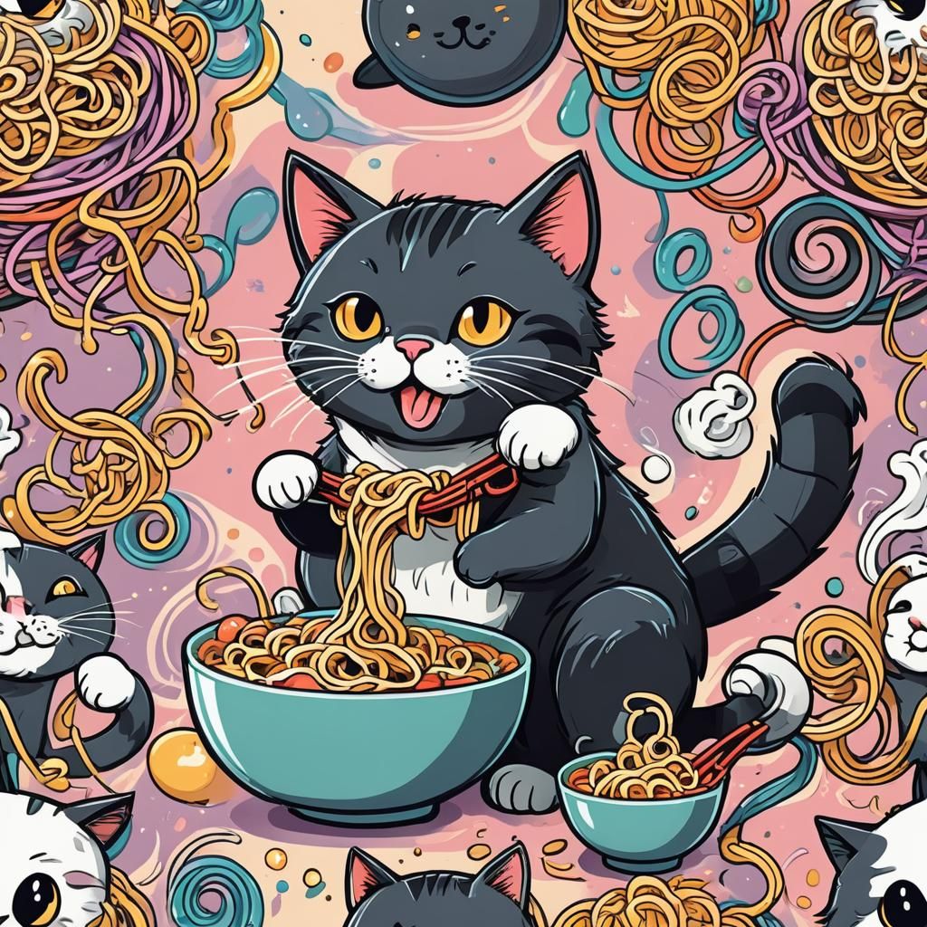 Colorful Cartoon Cat Enjoying Noodles in a Fun Flat Illustra...