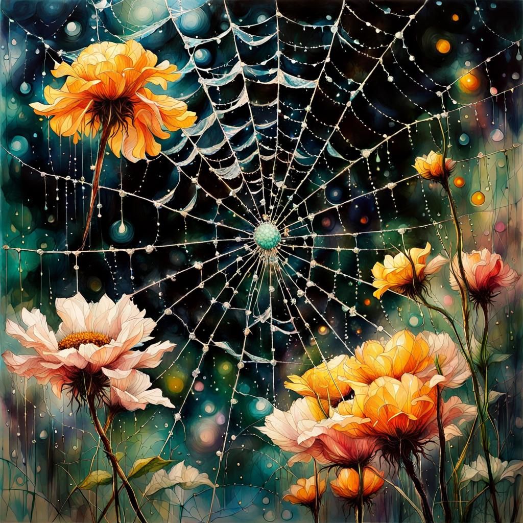 Intricate Crystal Spiderweb in a Floral Garden