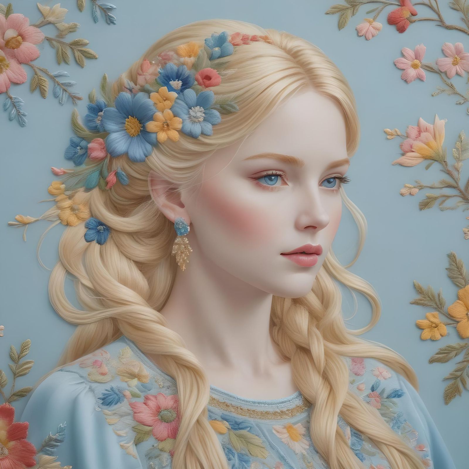 Enchanting Embroidered Portrait of a Blond Scandinavian Woma...