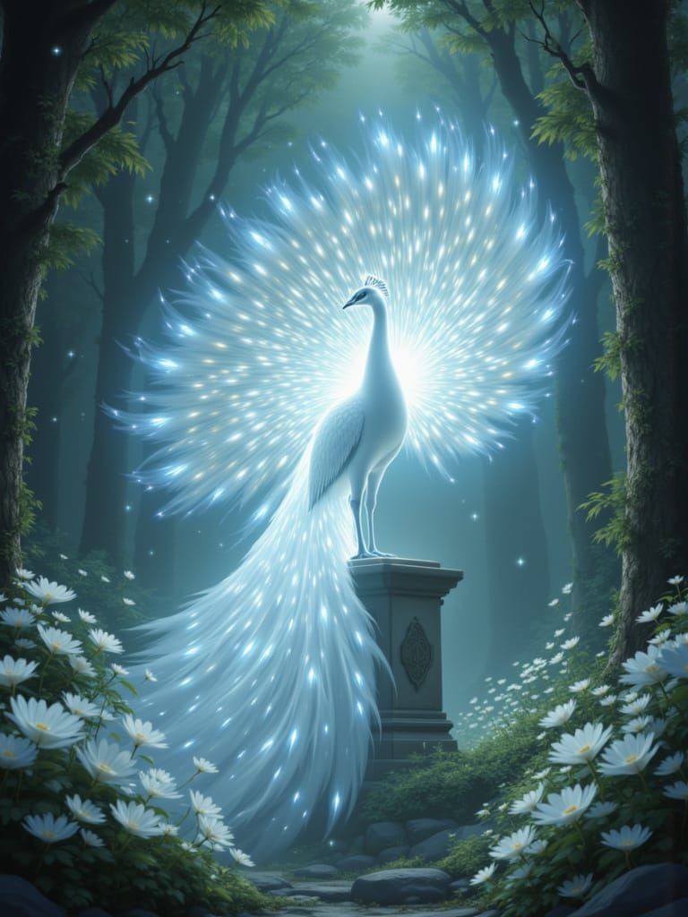 Glowing Peacock in Enchanted Forest