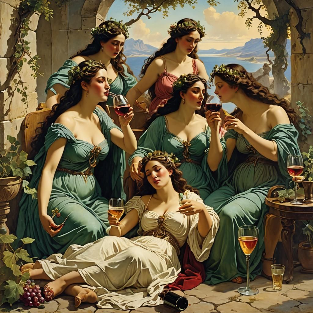 Dionysia: Voluptuous Maenads in a Surrealist Painting