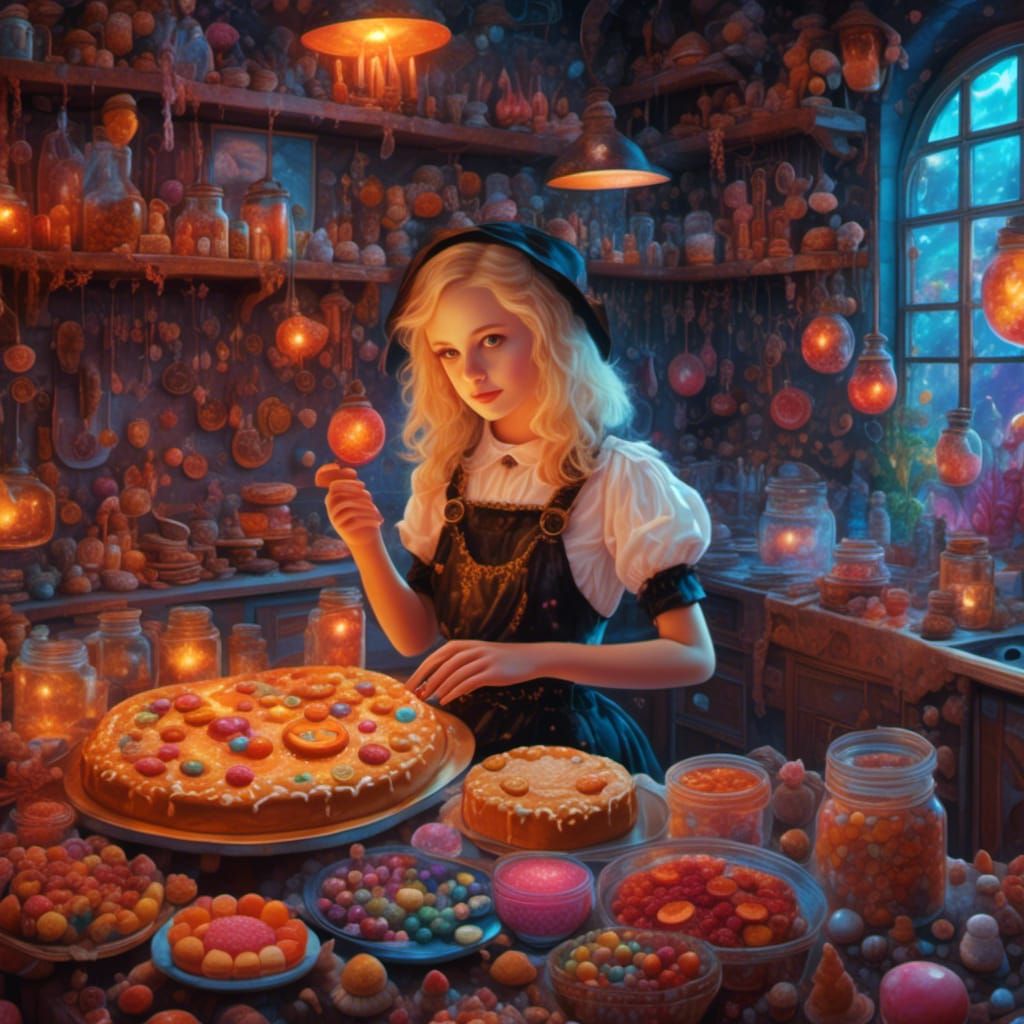 Hyperrealistic Teenage Witch in a Vibrant Gingerbread Kitche...