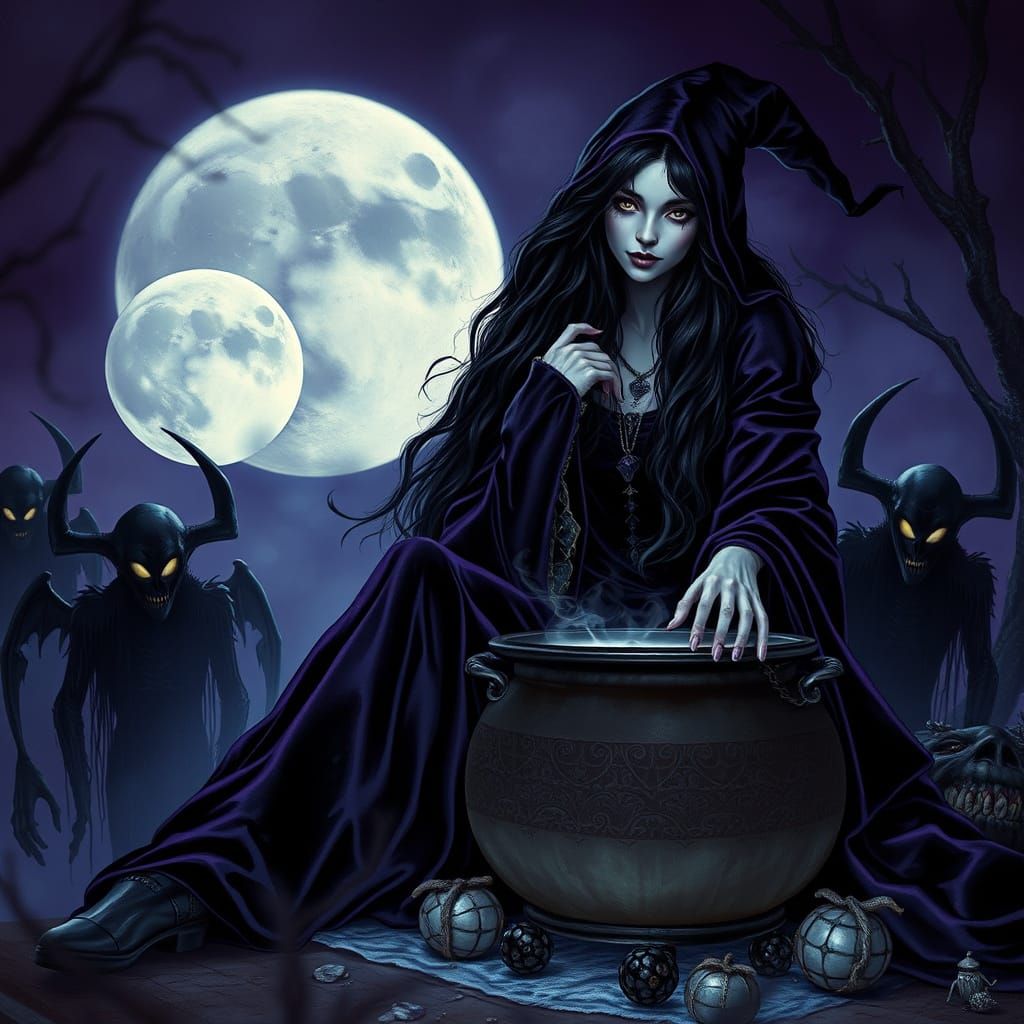 Gothic Witch Beside Cauldron Under Full Moon