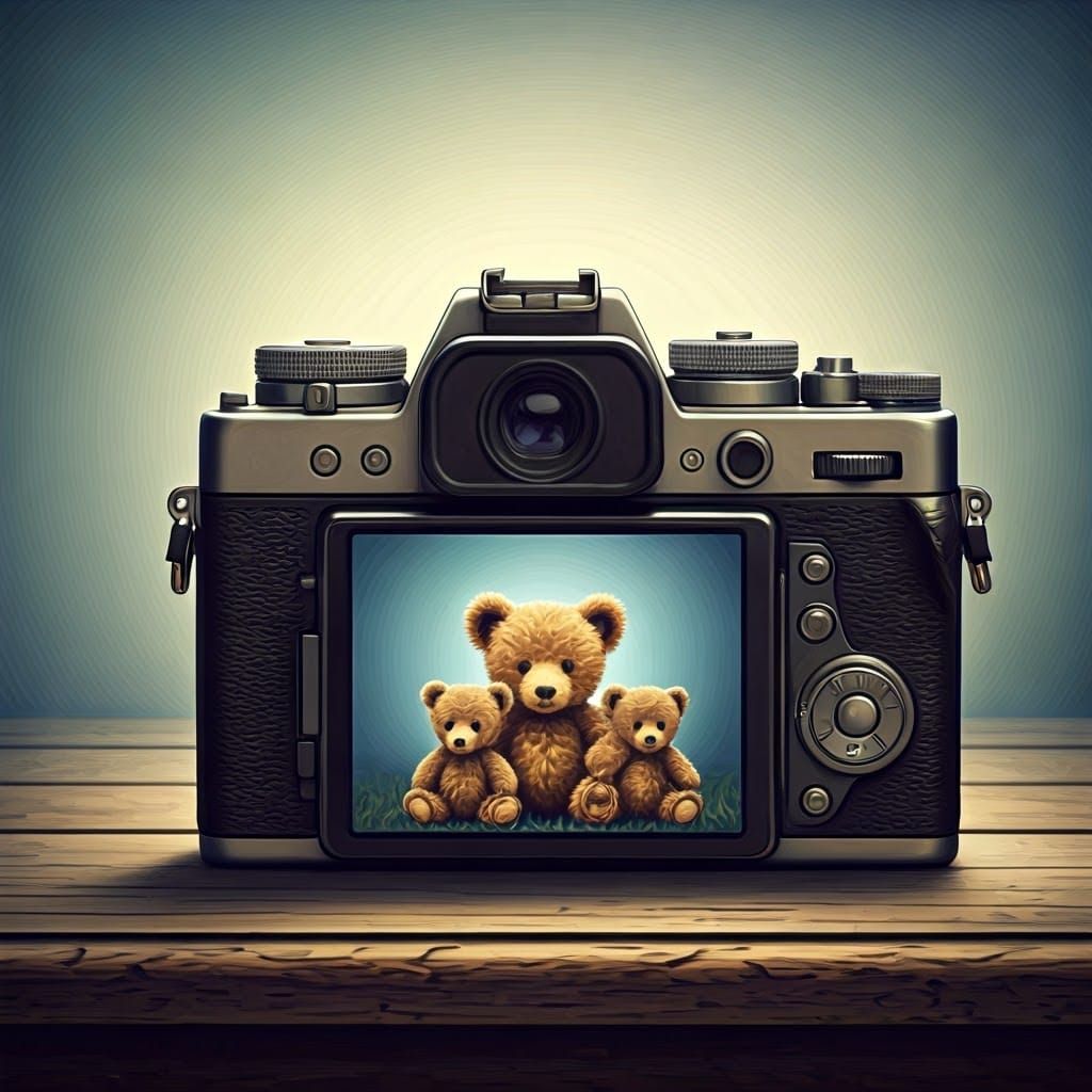 Majestic Vintage Camera Scene with Cuddly Bear Cubs and Tedd...