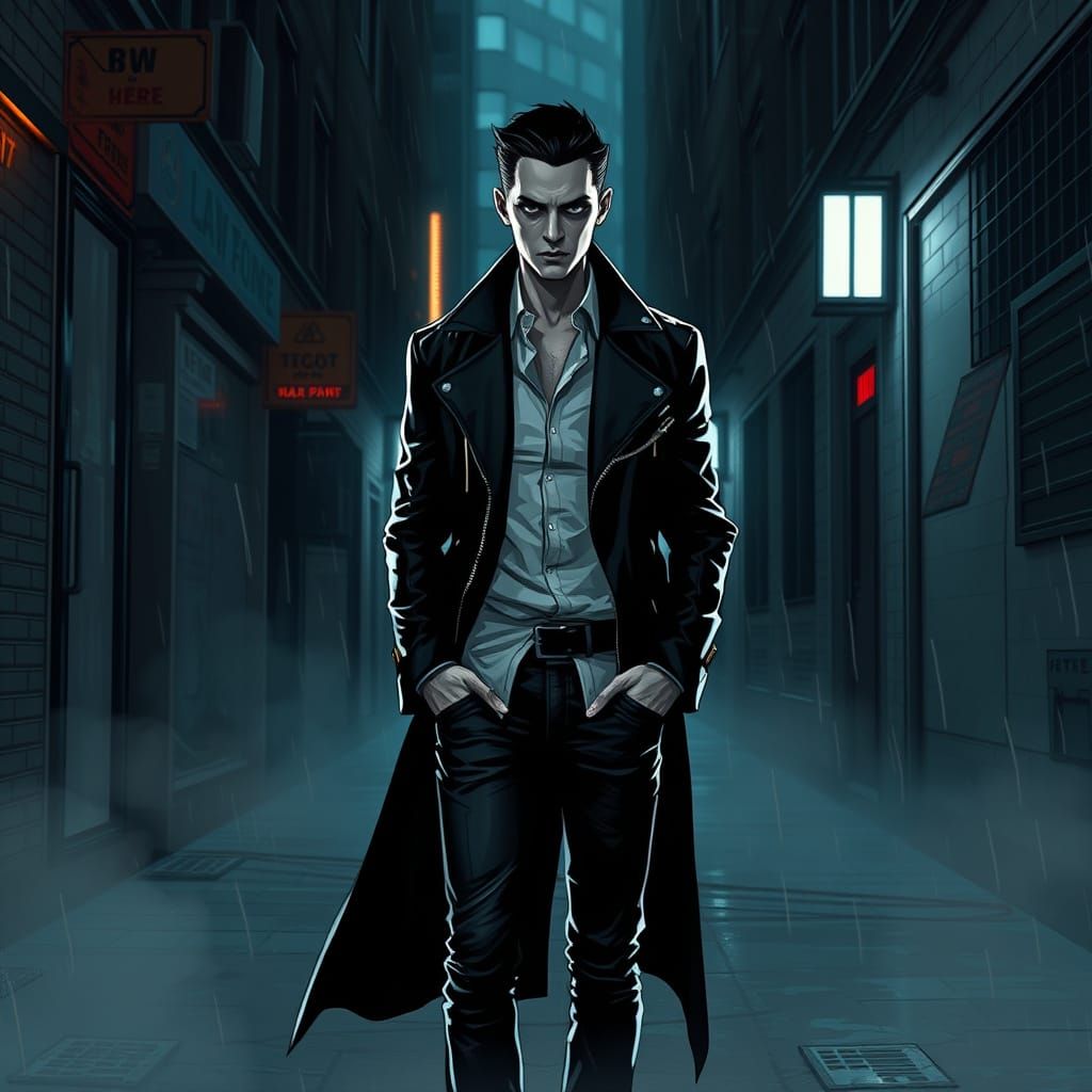 Sleek Vampire Emerges from Rainy City Shadows