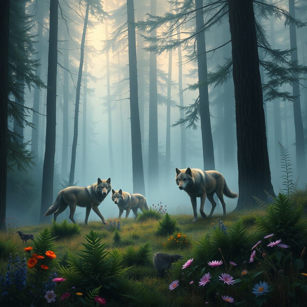 Wolves Roaming Misty Forest Landscape