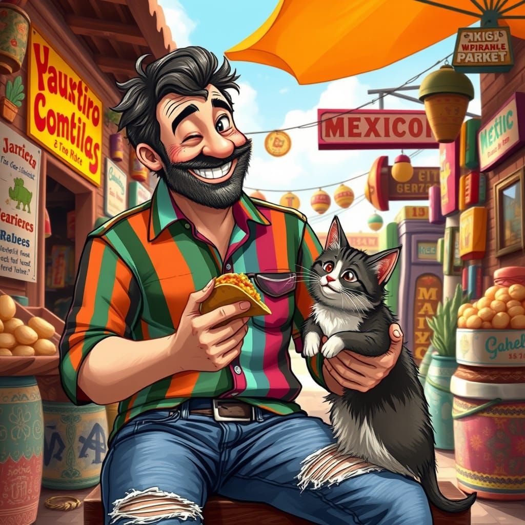 Whimsical Gentleman Shares Taco with Feline Friend in Colorf...