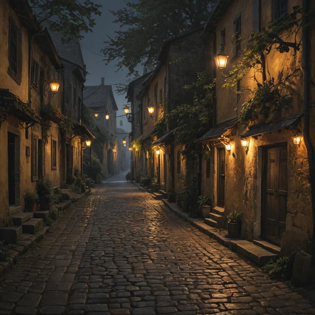 Ethereal Village Lane at Dusk, Glowing Lanterns Amidst Golde...