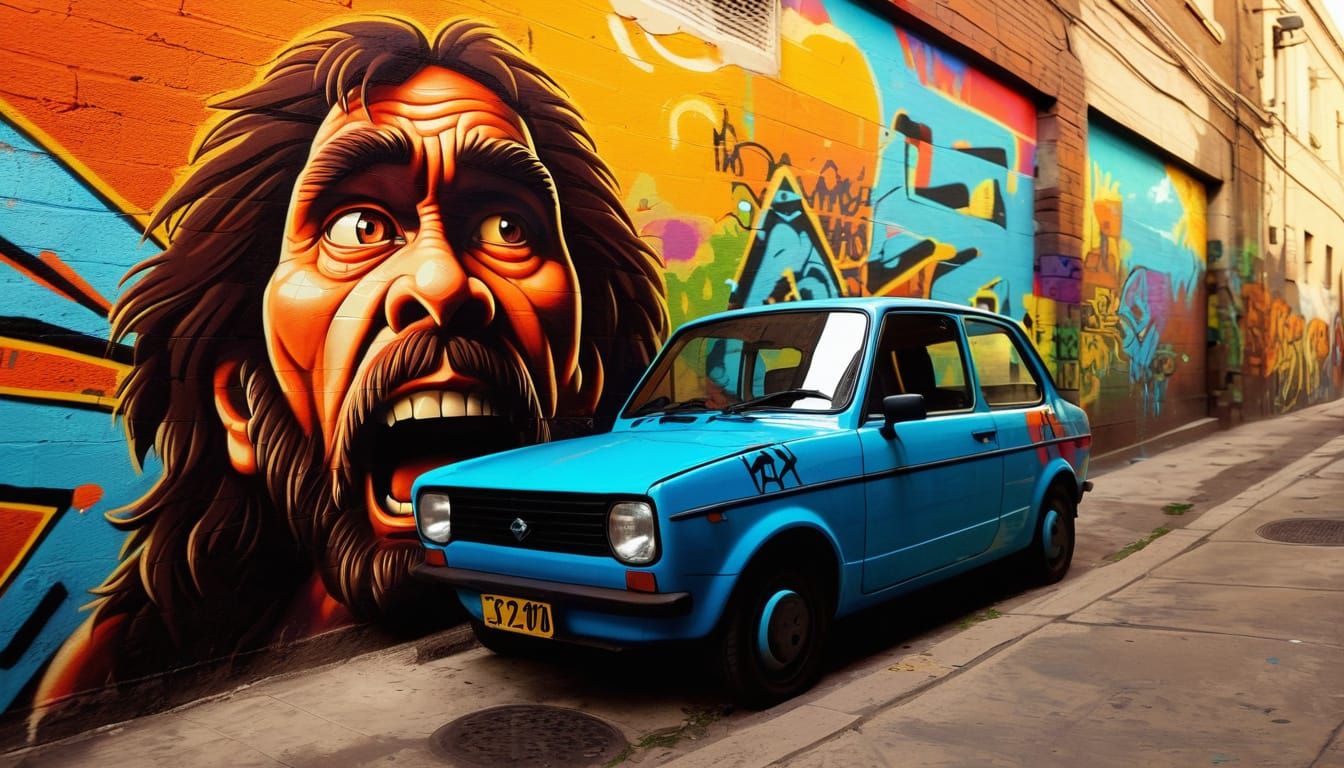 Confused Caveman Street Art in Urban Alleyway