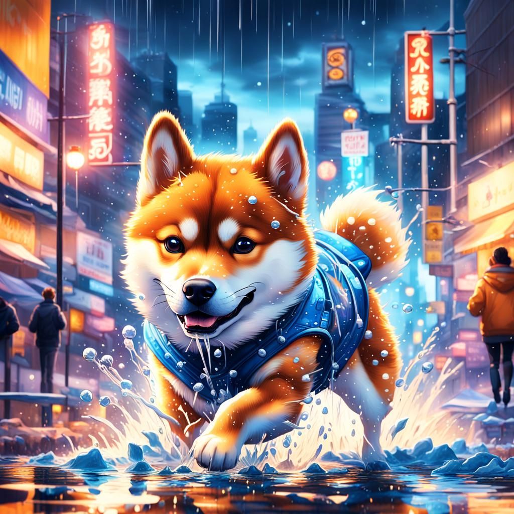 Vibrant City Fantasia with Fluffy Shiba
