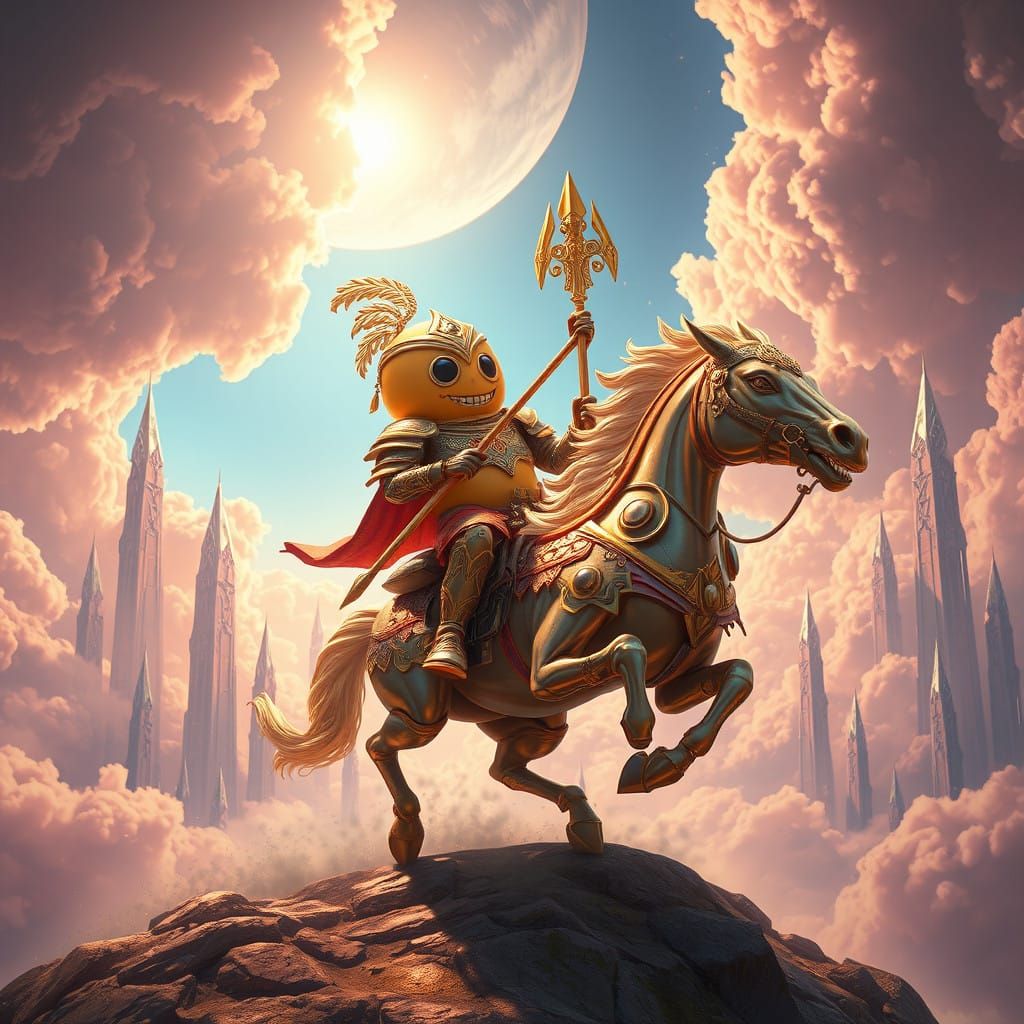 Golden Armored Peanut Knight Charging on Iridescent Steed