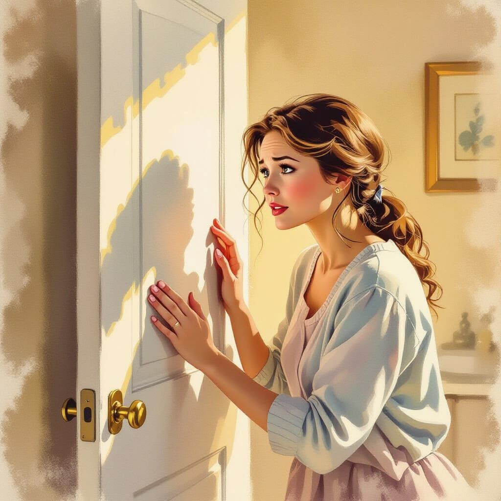 Worried Mother at Bathroom Door in Watercolor Style